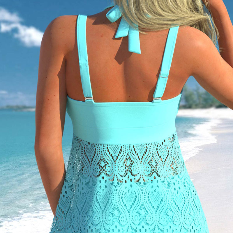Women's V-Neck Lace Swimdress Boyshorts Two-Piece Set