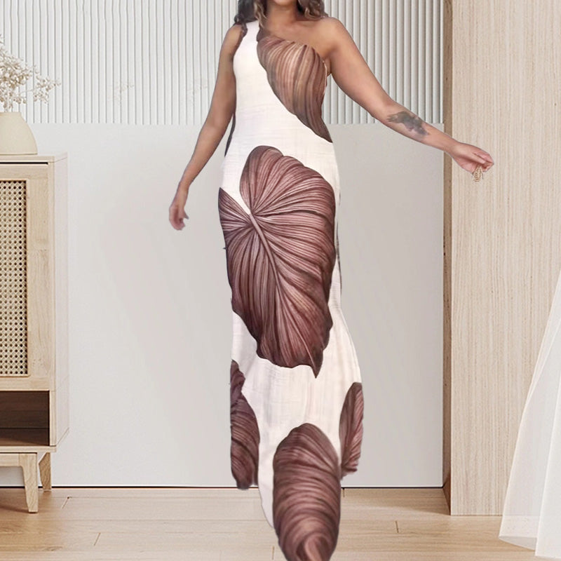 Time-limited Special Palm Print One-Shoulder Slim Maxi Dress