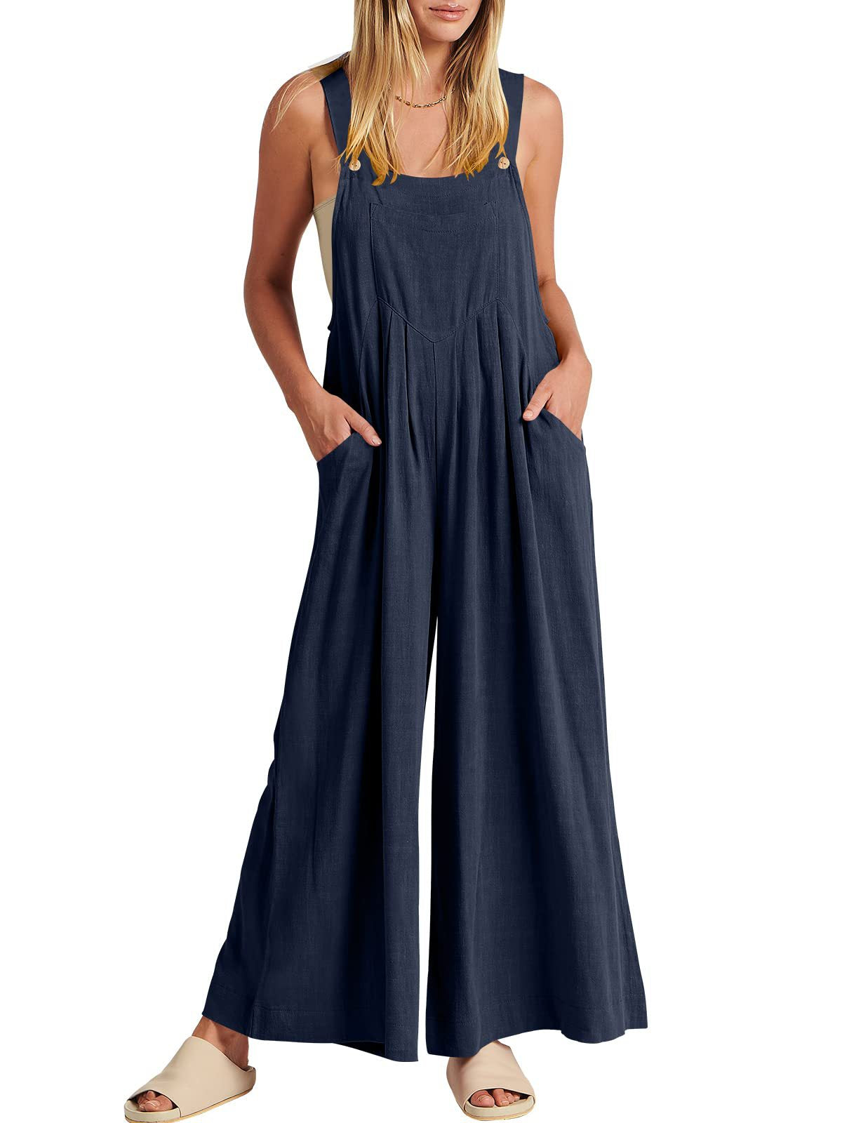 Women's Sleeveless Wide Leg Jumpsuit with Pockets
